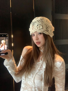Hand Knitted Lace Hat Hollow out Design Spring Autumn White Knitted Head Cover Cute Sweet Style for Young Women Travel Suitable