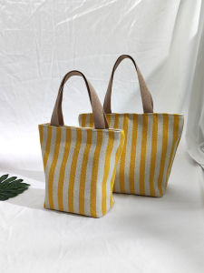Casual Simple Large Capacity Canvas Bag Womens Korean Style Handbag Shoulder Bag Bento Bag Stripe Pattern Commuter Bag