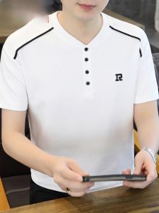 HENGYUANXIANG | Hengyuanxiang Ice Silk Button Up Short Sleeve T-Shirt Thin Casual Summer Fashionable Polyester Cotton Blend V Neck Tee