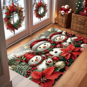 VIKAMA Snowman Family Doormat Poinsettia Berries Christmas Welcome Mat Winter Entryway Rug Front Porch Xmas Home Decor