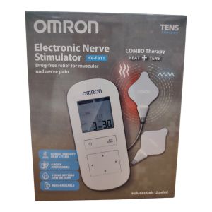 Omron Electronic Nerve Stimulator HV-F311 Drug-free Relief for Muscular and Nerve Pain in Combo Therapy Heat + TENS 3 Body Pain Modes 2 Heat Setting Low High Rechargeable Includes Gel Pads (2 pairs)