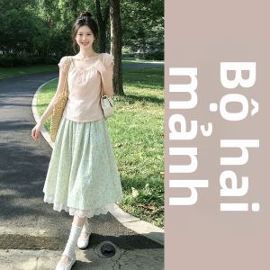 AICAILIN | Bộ Đồ Hai Mảnh Phong Cách Ngọt Ngào Áo Sơ Mi Đầm Hồng Có Ren Hoa