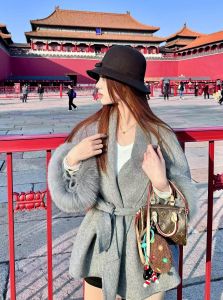 Double-Faced Cashmere Woolen Coat Womens Short Grey Fox Fur Collar Cowl Neck Wrap Style Commute Korean Version Coat