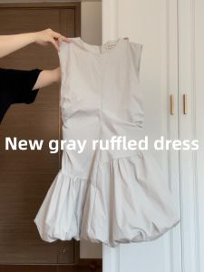 QINWEIYU | Gray Sleeveless Vest Floral Print Mini Dress Womens Summer 2025 New Style Slimming A-Line Short Skirt High Waist Design