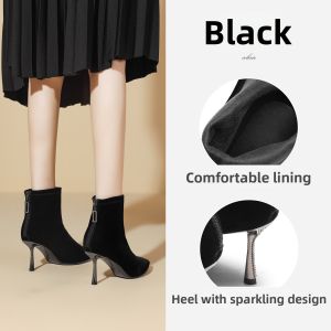 Josiny | French Pointed High Heel Ankle Boots Black Elastic Slim Fit