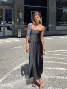 ZHAOLIN Black Gown Simplistic Elegant Slimming Long Dress Summer High Waist A-Line Skirt Backless Zipper Closure Casual Wear