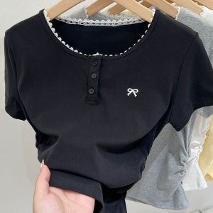 American Style Pleated Design Short Sleeve T-Shirt Womens Summer 2025 New Splice Lace Butterfly Knot Top Breathable Skin-friendly