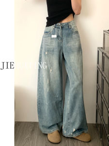 Quần Jeans Denim Ống Rộng Cạp Cao Cho Nữ Quần Dài Dài Đến Sàn Phong Cách Retro Washed Cổ Điển Có Vết Mài Mòn Cổ Điển