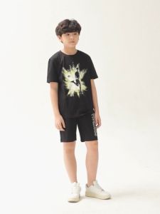 Bộ đồ cho bé trai Bigfox Miss Meow mùa hè size đại dáng cộc tay cotton xuất Hàn in cầu thủ cỡ 12131415 40kg 50kg 1938