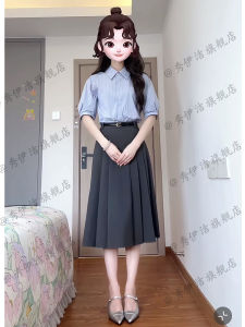 Blue Striped Womens Shirt Professional Career Interview Suit Korean Style Commute Straight Tube Polo Collar Regular Sleeve