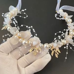 SKISOPGO Flower Crown Sweet Pearl Ribbon Headband Girls Cute Lace Garland Crown Kids Hair Accessories Girl Birthday Party ﻿
