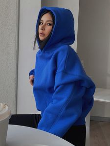 Retro American Short Hoodie Womens Small Size 2025 New Popular Long Sleeve Klein Blue Loose Top Cotton Blend Comfortable Fit