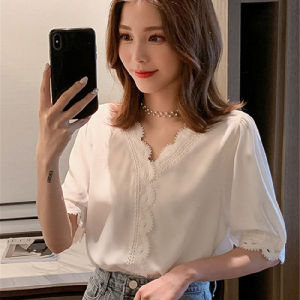 Elegant V-neck Short Sleeve Womens Shirt 2023 New Summer Fashion Design Sensation Fairy-like Translucent Tunic Top Blouse