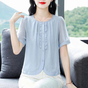 DAIXIANGFEIZI | Áo Sơ Mi Chiffon Elegent Dành Cho Mẹ Béo Phì Tay Ngắn Trẻ Trung