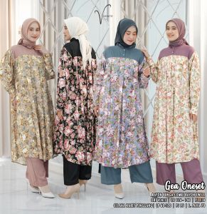 Tunik Panjang Setelan Celana Kulot Gea One Set Bahan Katun Rayon Viscose Motif Bunga