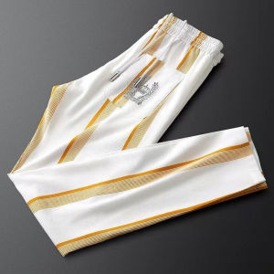 Elegant Slim Fit Striped Casual Pants for Men Breathable Lightweight Summer Fashion Embroidered Straight Leg Trousers
