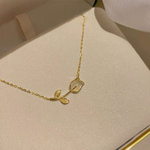 Corinna Fashion Korean Tulip Necklace Female Niche Design High-end All-match Luxury Cat Eyes Stone Tulip Flower Clavicle Chain Boho Resin Rhinestone Glamour Choker for Women Girls Birthday Gifts