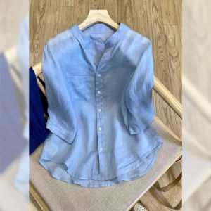 Áo sơ mi PAIBOLI cho nữ làm bằng vải lanh tay ngắn màu xanh dáng rộng thoải mái