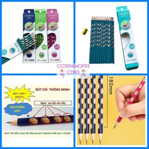 Bút chì định vị tay cầm 2B LD01 hộp 12 cây tặng kèm gọt bút thân bút khắc rãnh định vị giúp cho trẻ cầm bút chuẩn khi mới tập viết cotienshop93