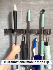 KAWA Wall Mounted Mop Clip Holder Broom Hanger Organizer Punch-Free Buckle Hook Bathroom Storage Shelving