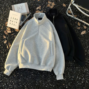 เสื้อสเวตเตอร์คอกลมแขนยาวทรงหลวมสไตล์อเมริกันฤดูใบไม้ร่วงสำหรับผู้ชาย ผ้าฝ้ายผสมโพลีเอสเตอร์ เสื้อผ้าทำงานลำลอง