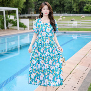 Casual Cotton Silk Dress Summer Travel Suitable for Middle-Aged And Elderly Women Belly Covering Short Sleeve Midi Dress