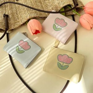 ดอกทิวลิปกระเป๋าเงินสั้นกระเป๋าหนัง PU กระเป๋าใส่เหรียญบัตรความจุขนาดใหญ่อเนกประสงค์คลิปเงินนักเรียนเกาหลี