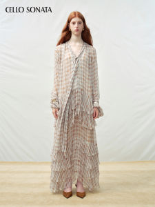 Cello Sonata | Celebrities Favorite Spring Loose Silk Check Patterned Sash Hem Dress