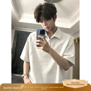 Elegant American Collar Short Sleeve Mens Polo Shirt Boxy Fit
