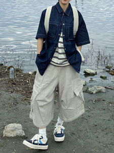 Loose Casual Summer Shorts Men Women Seven-Foot Pants Wide Leg Trousers Vintage Japanese Style Multi-Pocket Workwear Slimming