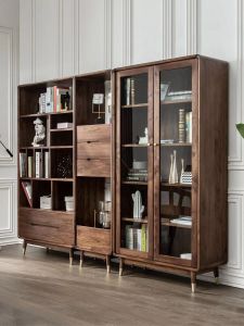 Modern Simple Black Walnut Wood Bookcase Glass Display Cabinet Combination Storage Rack Stand Shelf Home Furniture Cabinetry