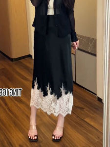 Elegant Korean Design Lace Patchwork Long Skirt High Waist Autumn New Style Classy Atmosphere Half Skirt Commute Vintage