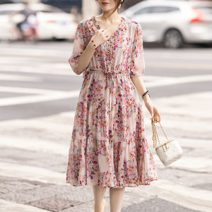 DAIXIANGFEIZI | Đầm Hè Tay Ngắn Chiffon Hoa Văn