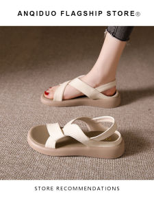 Soft Bottom Roman Style Womens Sandals Summer Fashion Beach Travel Slip-On Comfortable Flat Heel PU Material round Toe
