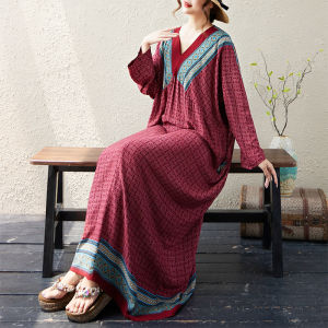 ชุดเดรสยาวแขนยาวคอวีทรงหลวมสไตล์ฝรั่งเศสสำหรับผู้หญิงไซส์ใหญ่ ชุดเดรสยาวทรงตรงทรงหลวมสไตล์ลำลอง