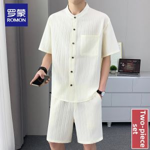 ROMON | Summer Thin High-Quality Mens Icy Silk Set Polo Shirt Casual Sport Two Pieces