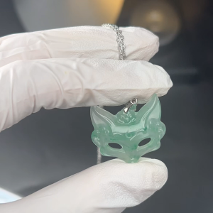 TIMESWIND Natural Original African Jade Light Green Fox Mask Pendant for Women Titanium Steel Necklace Gift with Certificate
