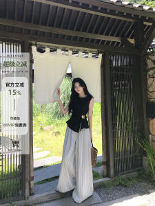 Retro Style Loose Striped Cotton-Linen Wide Leg Pants