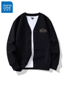 เสื้อคาร์ดิแกนถักคอวีสีดำสำหรับผู้ชาย เสื้อคลุมกันหนาวแบบสวมหัว ทรงหลวม แขนยาว ปกติ ฤดูใบไม้ร่วง 2025 แฟชั่น