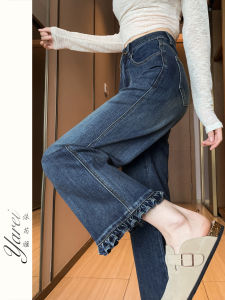 Retro Lace Straight Leg Jeans Womens High Waist Stretchy Eighteen Nine Jeans Denim Blue Cotton Polyester Regenerated Cellulose Fiber Lycra