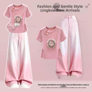 NUMEN BUTTON | Slimming Sweet Style Female Set With Embroidered Buttoned Top and Gradient Jeans