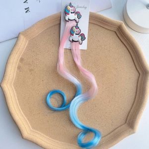 2PCS Lovely Princess Unicorn Multicolour Wig Girls Hairpins Cute Kids Headwear Gift  Hair Clips Barrettes Hair Accessories
