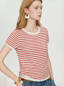 Striped Slim Fit Short Sleeve Knit Top Red