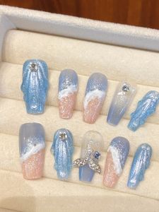 Blue Whale Beach Wave Simple Fresh Nail Art Stickers Handmade Wearable Nails White Enhancing High-End Diamond Pasted Nail Tips