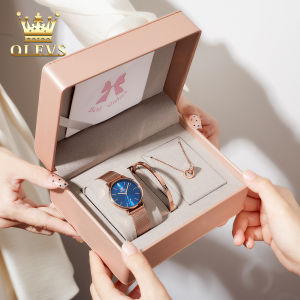 OLEVS Jam Tangan Wanita Set Terbaru 2024 Anti Air Elegan Simple Cermin HD Kalender Dial Tali Jam Baja Tahan Karat Hadiah Untuk Cewek