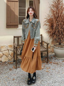 ชุดเดรสยีนส์หลวมๆ สำหรับผู้หญิง ชุดสองชิ้น ฤดูใบไม้ร่วง 2025 ดีไซน์เกาหลี แขนยาว กระโปรงยาว แฟชั่น ฤดูใบไม้ร่วง