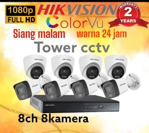 PAKET CCTV HIKVISION COLORVU 8 CHANNEL 8 KAMERA 2MP 1080P FULL COLOR SIANG MALAM