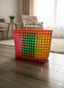 Handwoven Eco-Friendly Plastic Basket Bag - Yellow & Blue Beach/Market Tote