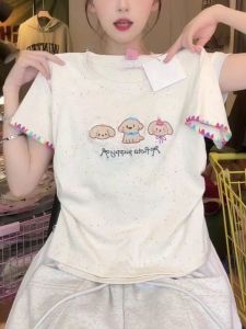 Dễ Thương Áo Thun Ngắn Tay In Hình Chó Mùa Hè Thanh Lịch Rainbow Polka Dot Dễ Thương Style Vòng Eo Cinched Short Length Nữ Áo