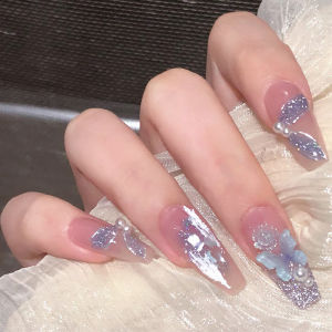 Handmade Dreamy Blue Camellia Butterfly Wearable Nails Ultra Fairy Ice Transparent Nude High Fashion Womens Nail Art